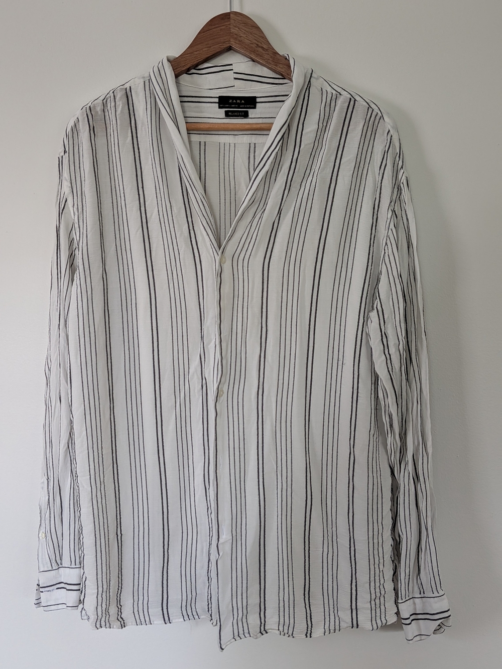 Zara Men's White Shirt with Black Vertical Stripes